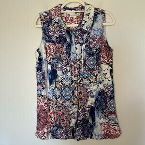 Dana Buchman Navy and Red Sleeveless Linen Blend Button Down Top Size Large